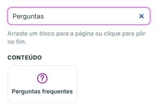 Aba "+ Adicionar" do Editor visual, com o bloco "Perguntas frequentes" na lista