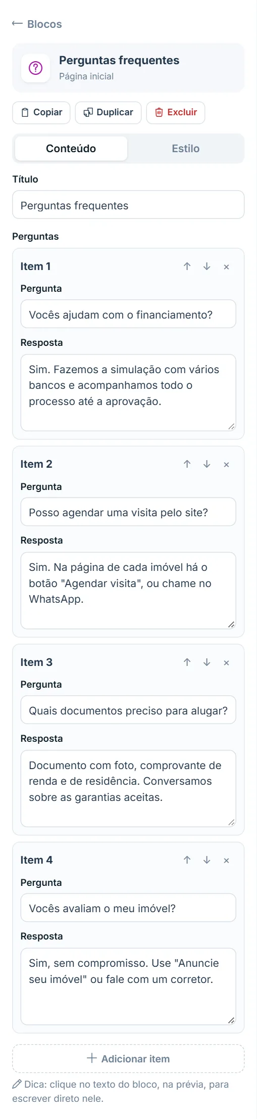 Painel de opções do bloco "Perguntas frequentes", aba Conteúdo