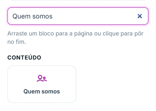 Aba "+ Adicionar" do Editor visual, com o bloco "Quem somos" na lista