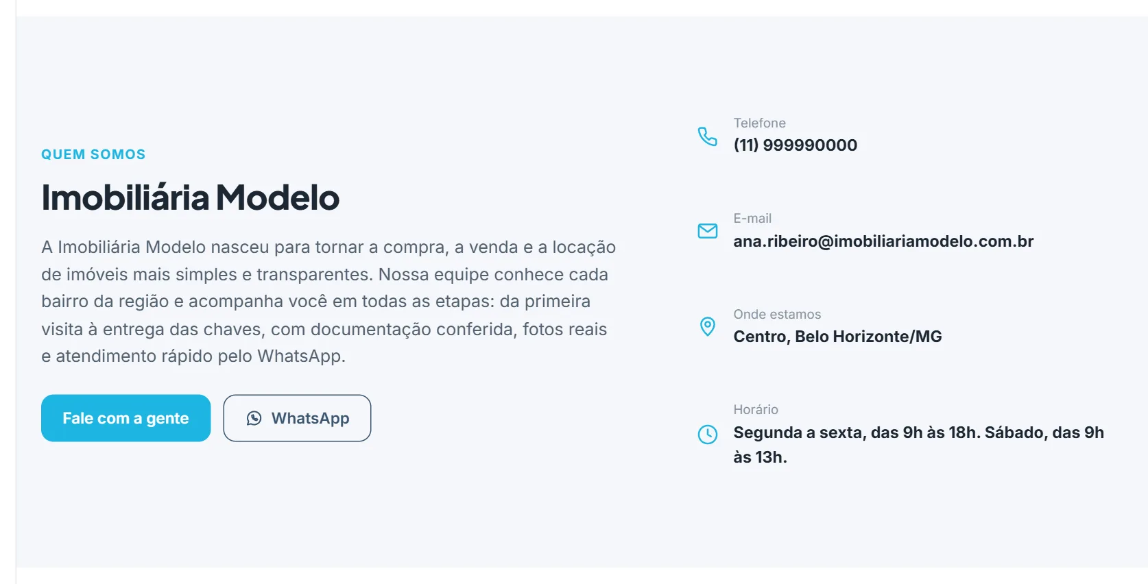 O bloco "Quem somos" na prévia da página