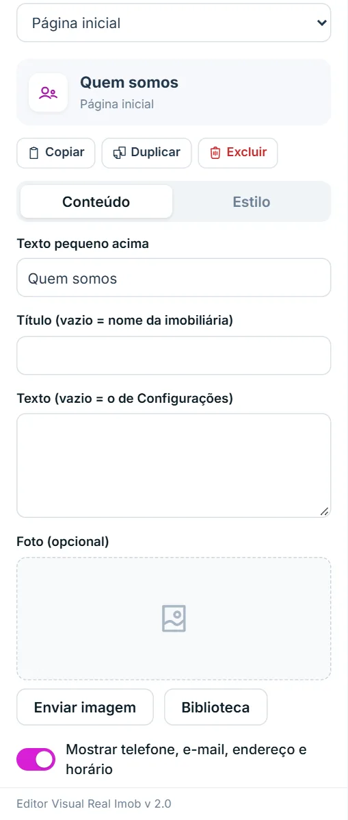 Painel de opções do bloco "Quem somos", aba Conteúdo