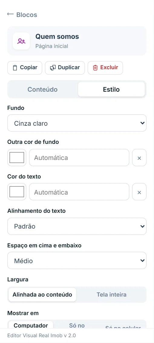 Painel de opções do bloco "Quem somos", aba Estilo