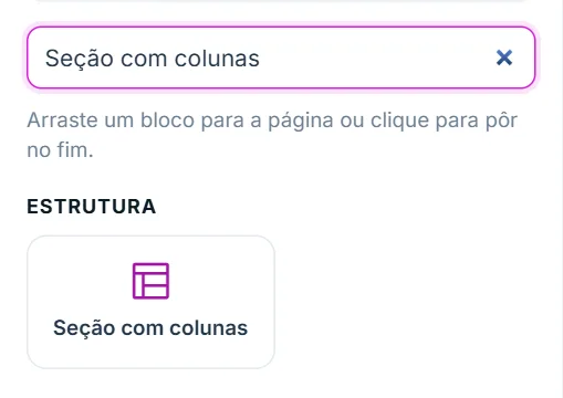 Aba "+ Adicionar" do Editor visual, com o bloco "Seção com colunas" na lista