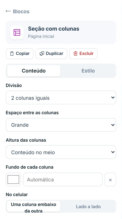 Painel de opções do bloco "Seção com colunas", aba Conteúdo