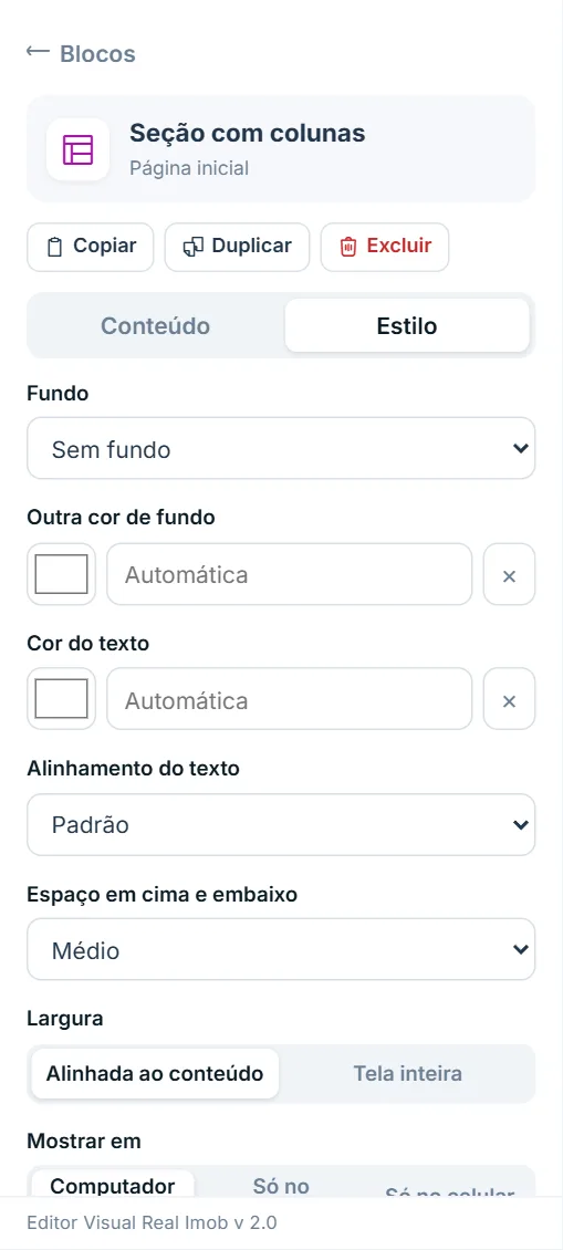 Painel de opções do bloco "Seção com colunas", aba Estilo