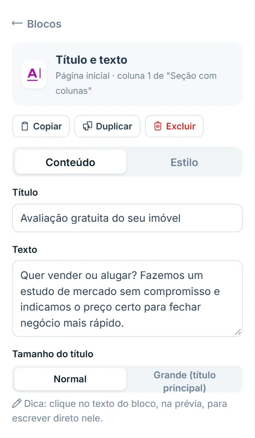 Painel de opções do bloco "Título e texto", aba Conteúdo
