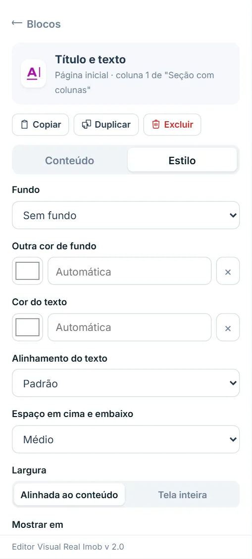 Painel de opções do bloco "Título e texto", aba Estilo