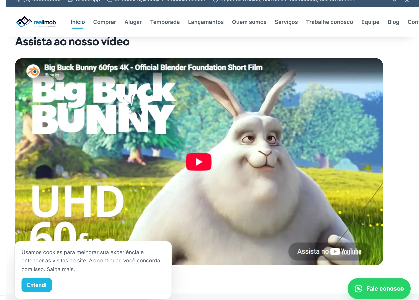 O bloco Vídeo na prévia do site