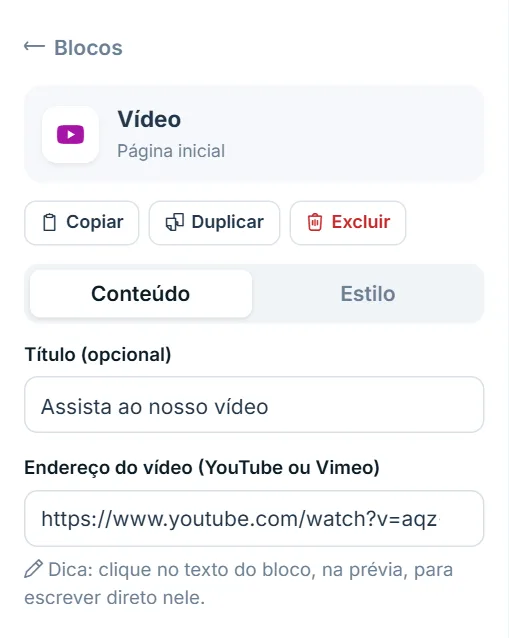 Opções do bloco Vídeo, aba Conteúdo