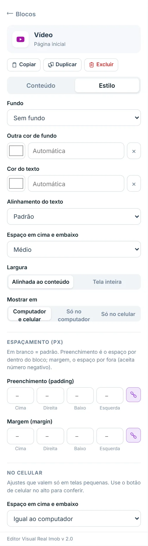 Aba Estilo do bloco Vídeo