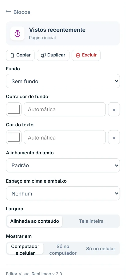 Painel do bloco "Vistos recentemente": só opções de estilo