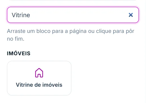 Aba "+ Adicionar" do Editor visual, com o bloco "Vitrine de imóveis" na lista