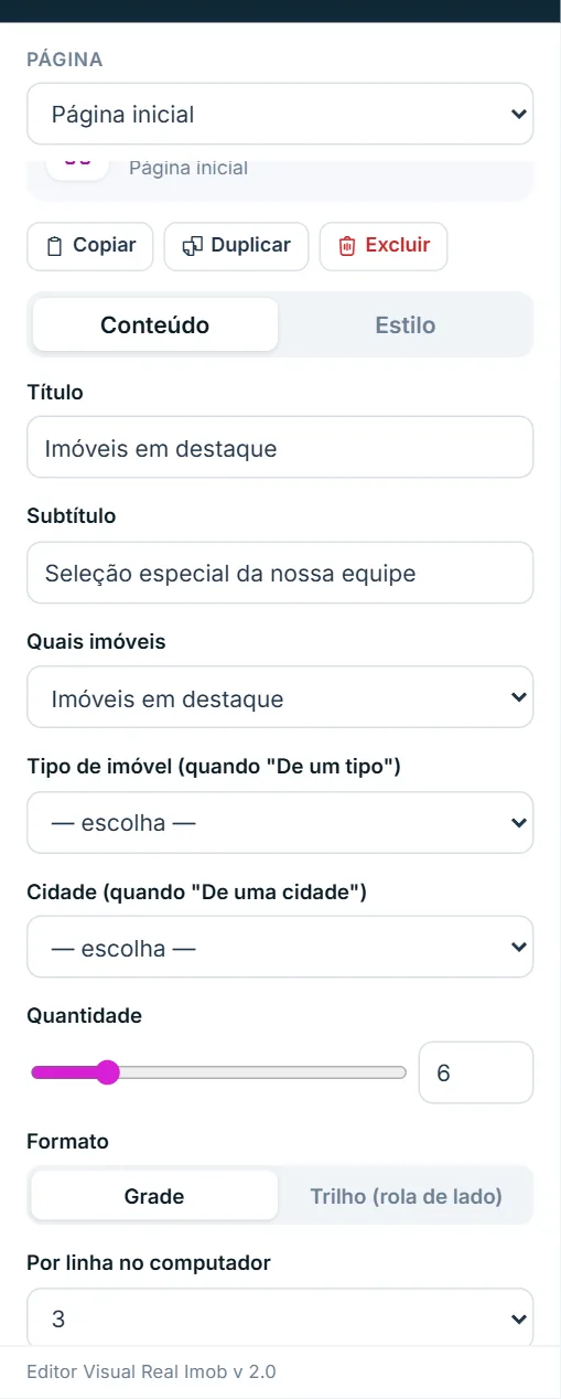 Painel de opções do bloco "Vitrine de imóveis", aba Conteúdo