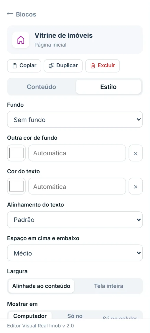 Painel de opções do bloco "Vitrine de imóveis", aba Estilo