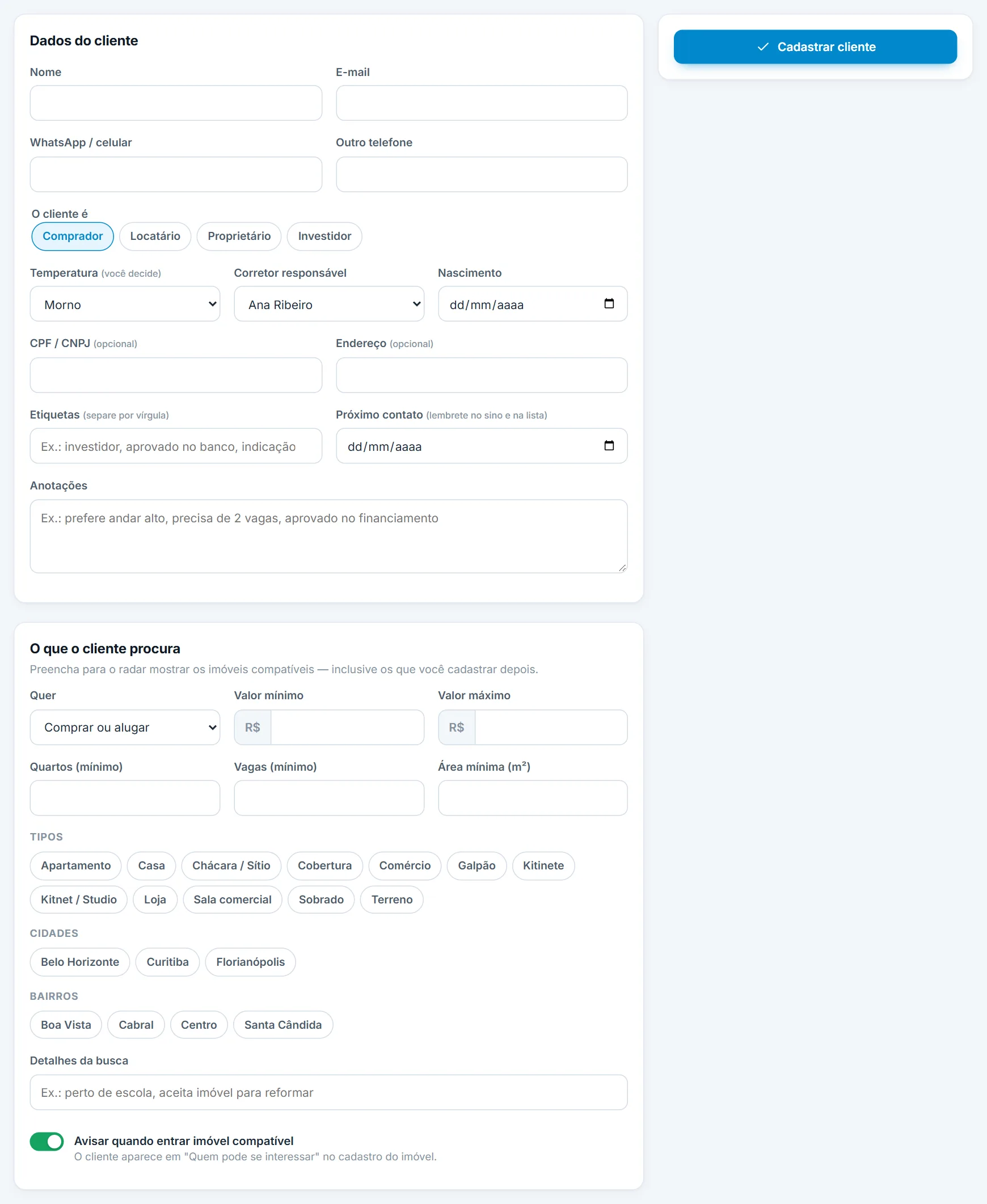 Perfil de busca do cliente