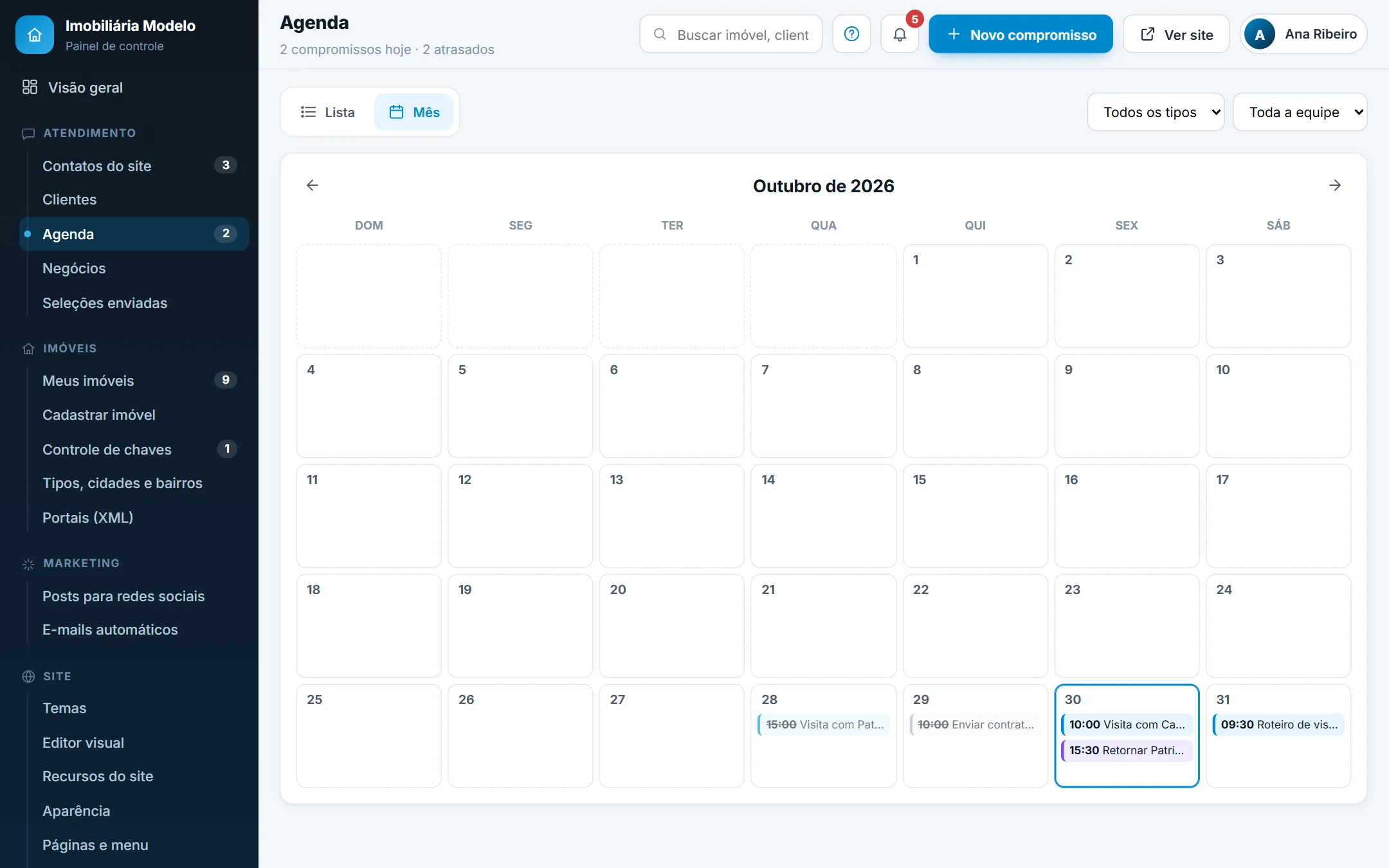 Agenda no modo Mês