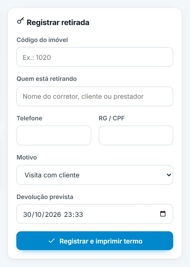 Formulário Registrar retirada