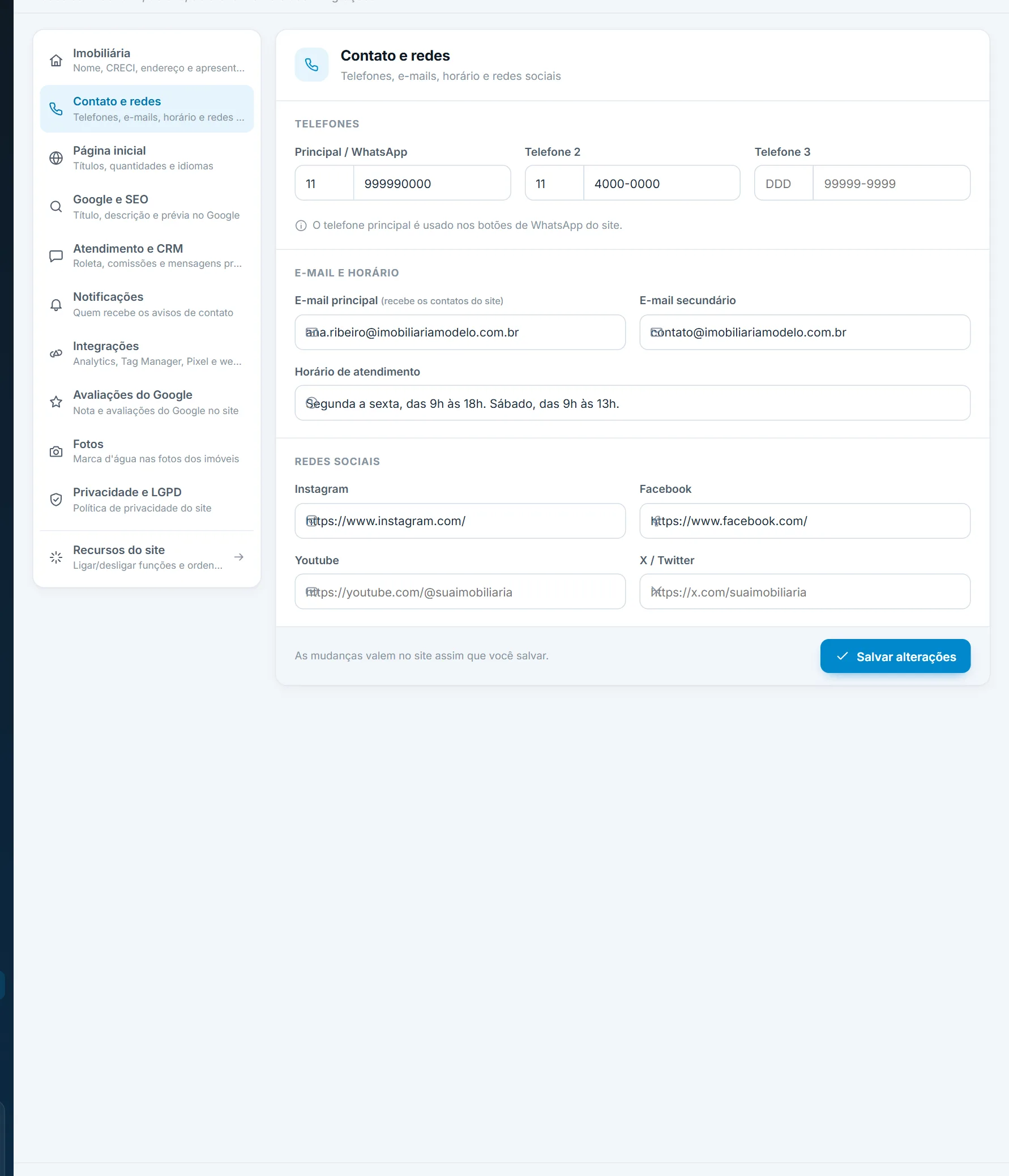 Configurações › Contato e redes