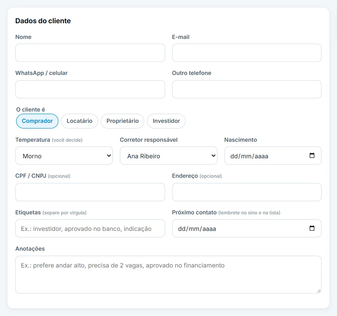 Campo "Próximo contato" na ficha do cliente