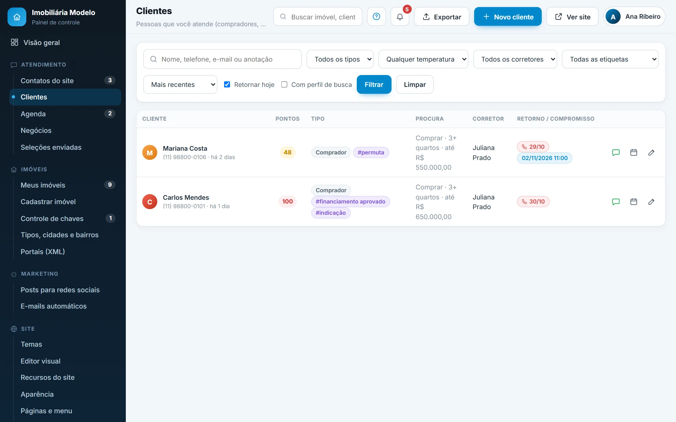 Lista de Clientes com "Retornar hoje"