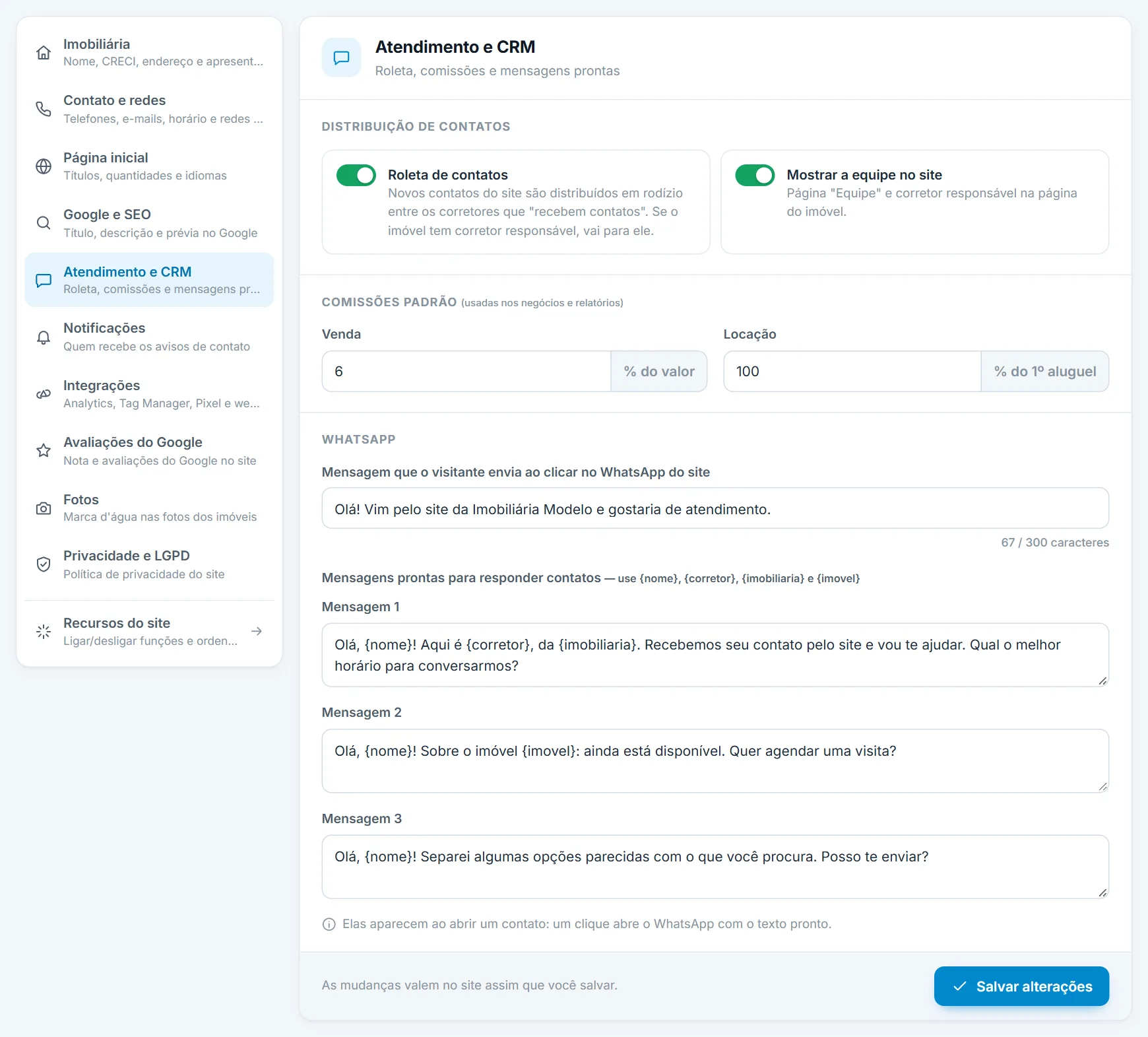 Configurações, seção Atendimento e CRM: distribuição de contatos