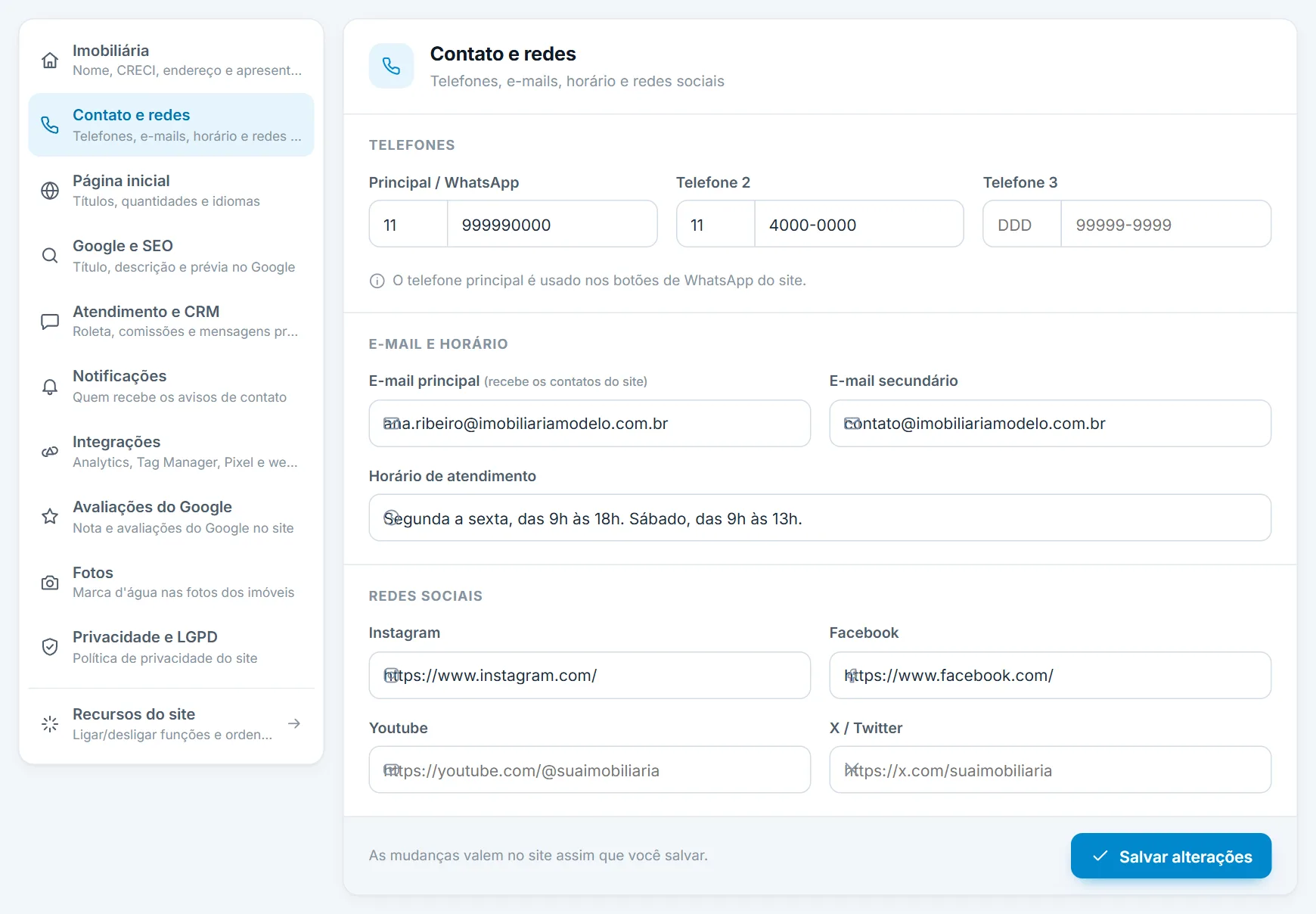 Configurações, seção Contato e redes: telefones