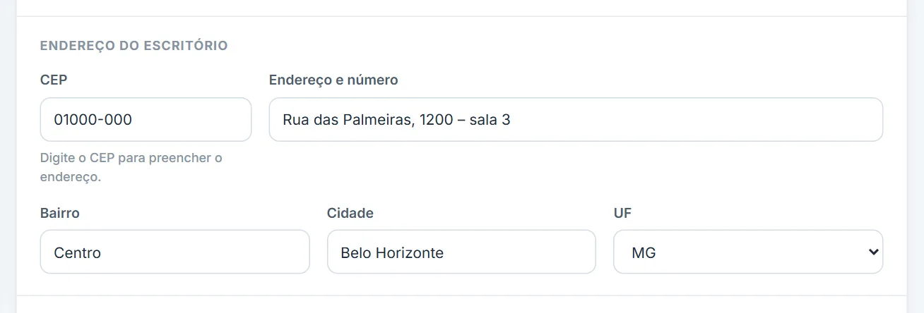 Endereço do escritório com busca por CEP