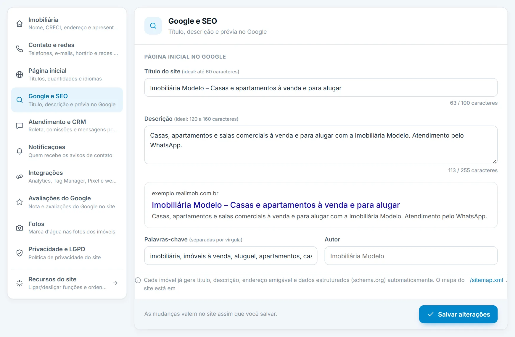 Configurações, seção Google e SEO