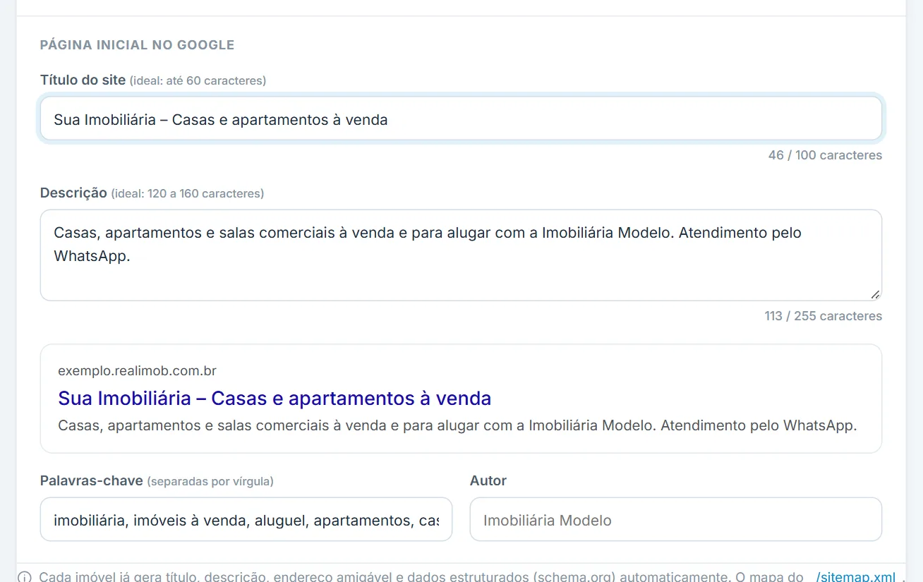 Prévia de como o site aparece no Google