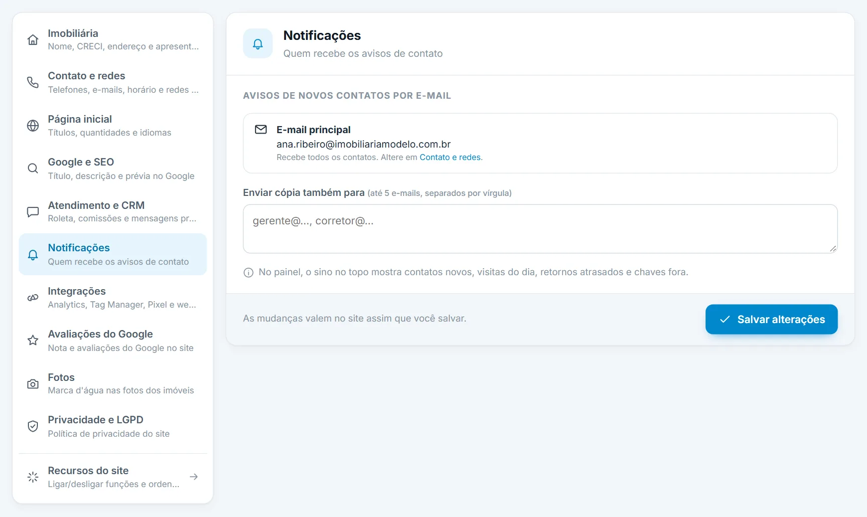 Configurações, seção Notificações