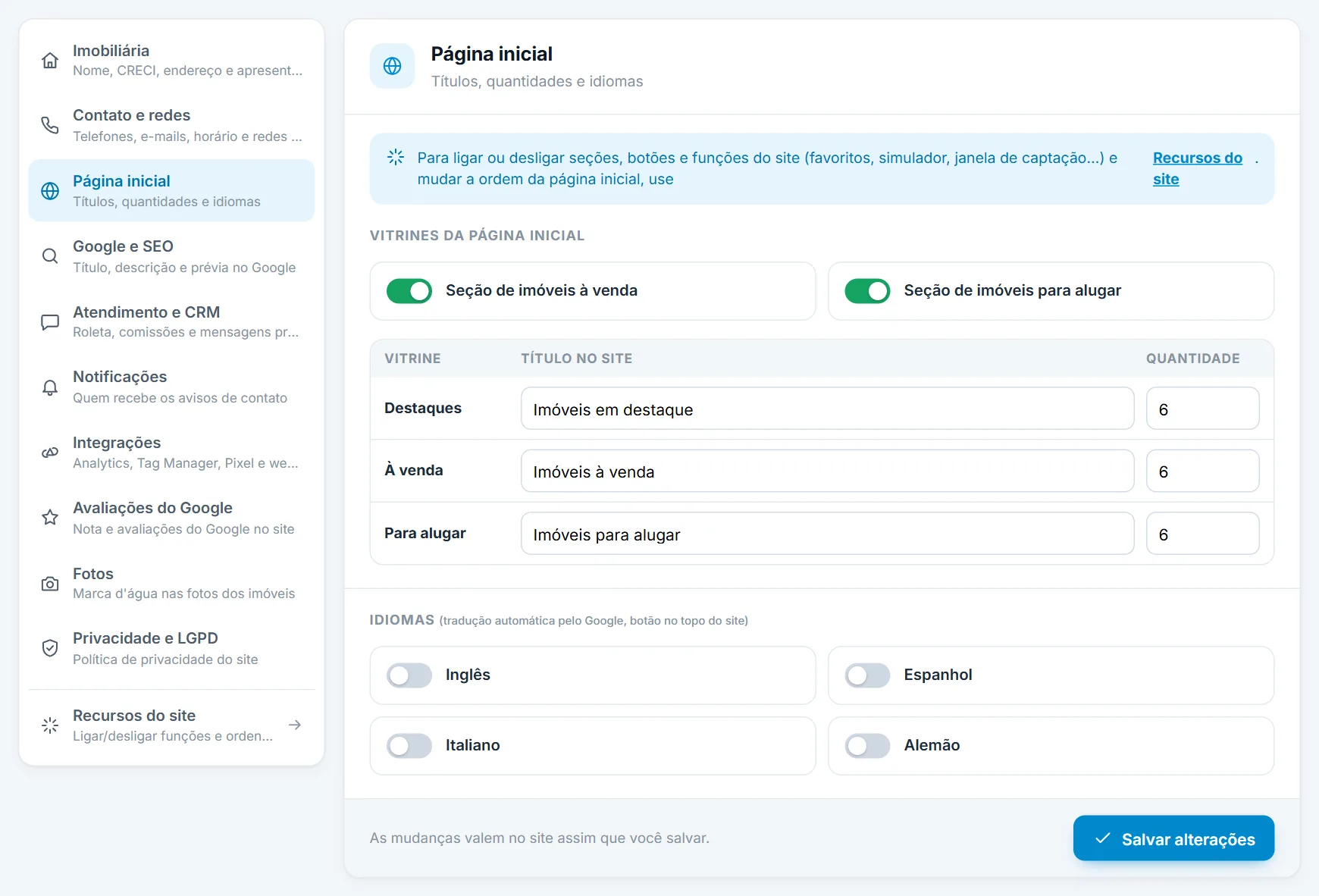 Configurações, seção Página inicial