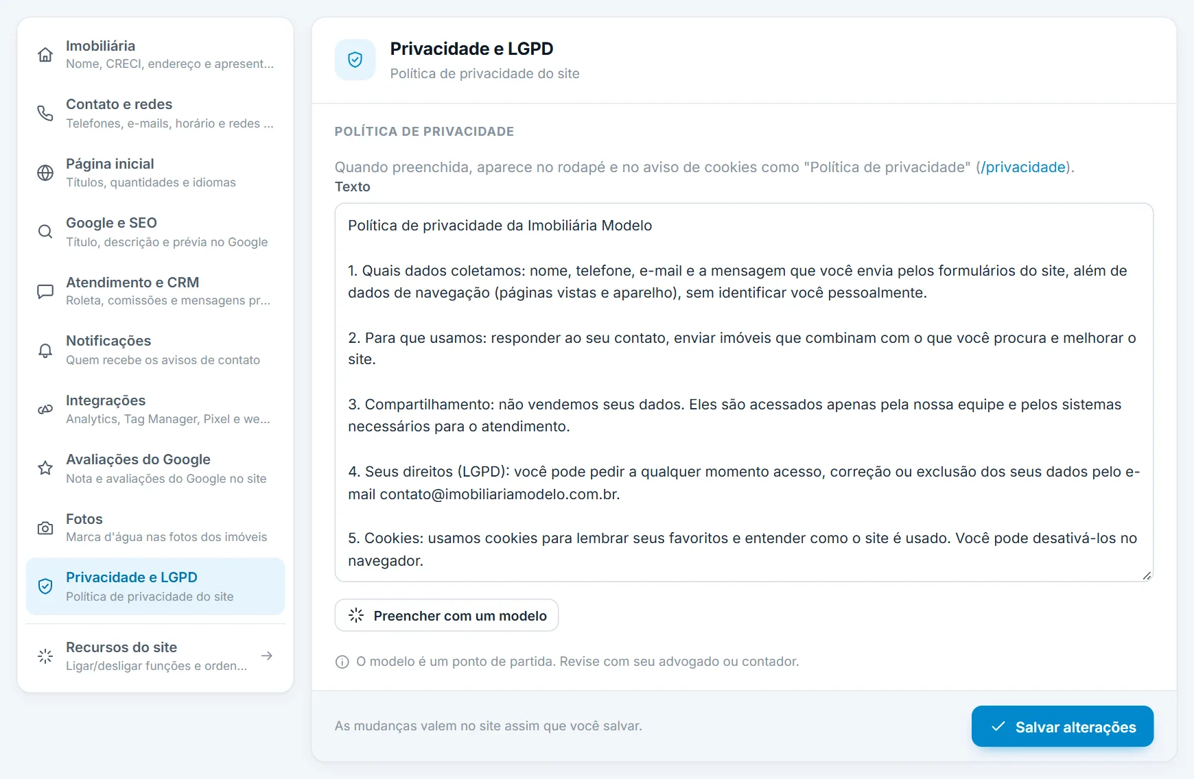 Configurações, seção Privacidade e LGPD