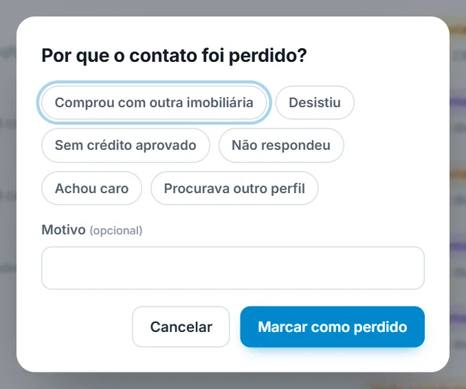 Janela "Por que o contato foi perdido?"