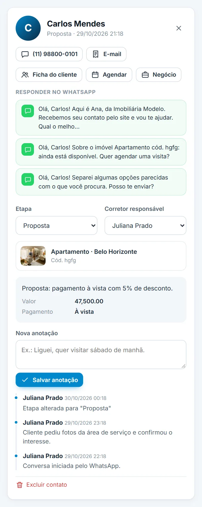 Anotações e histórico do contato