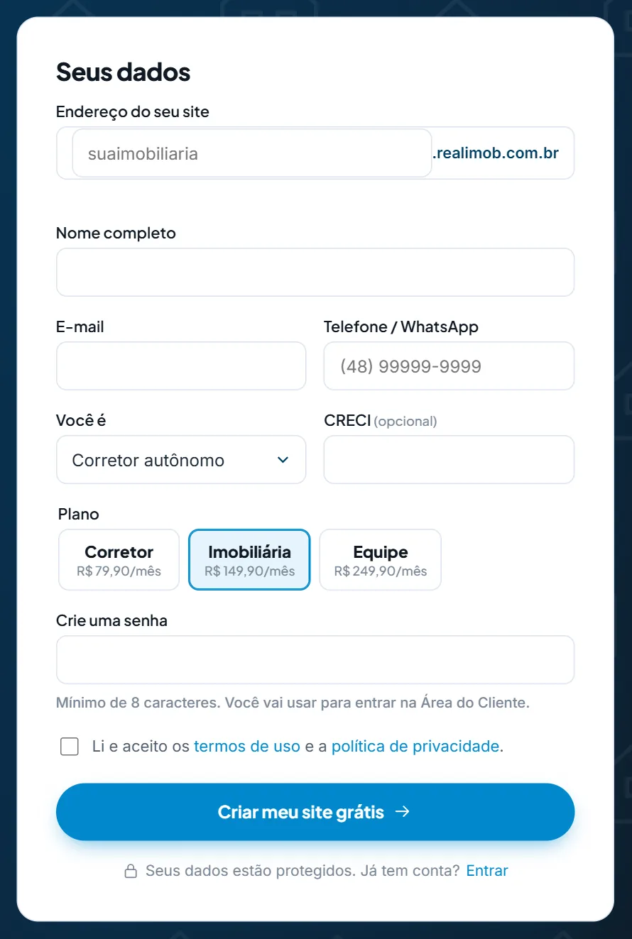 Senha, termos e botão final