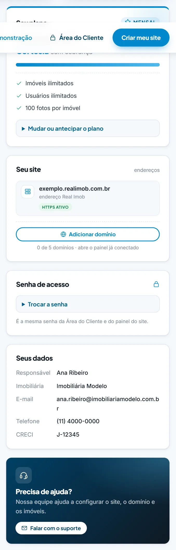 Quadro "Seu site" e "Seus dados"