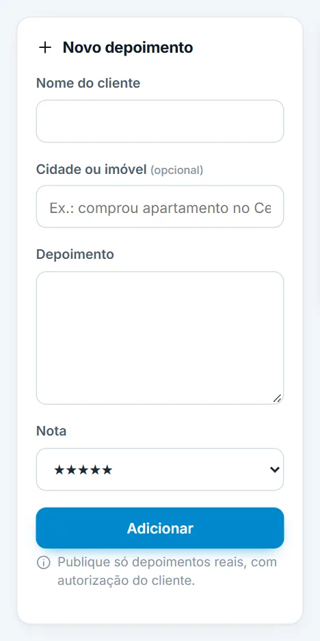 Formulário Novo depoimento