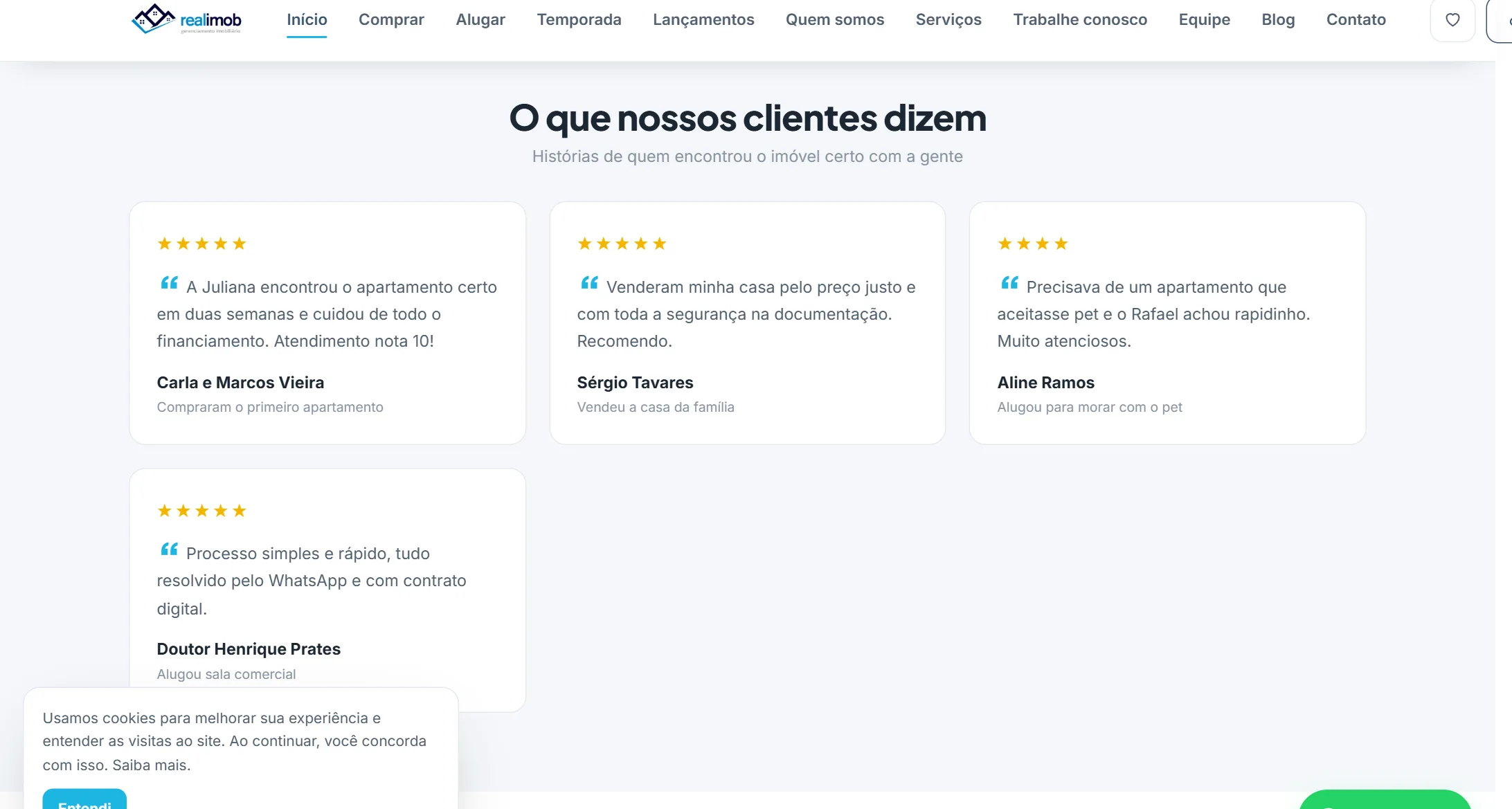 Seção Depoimentos na página inicial do site