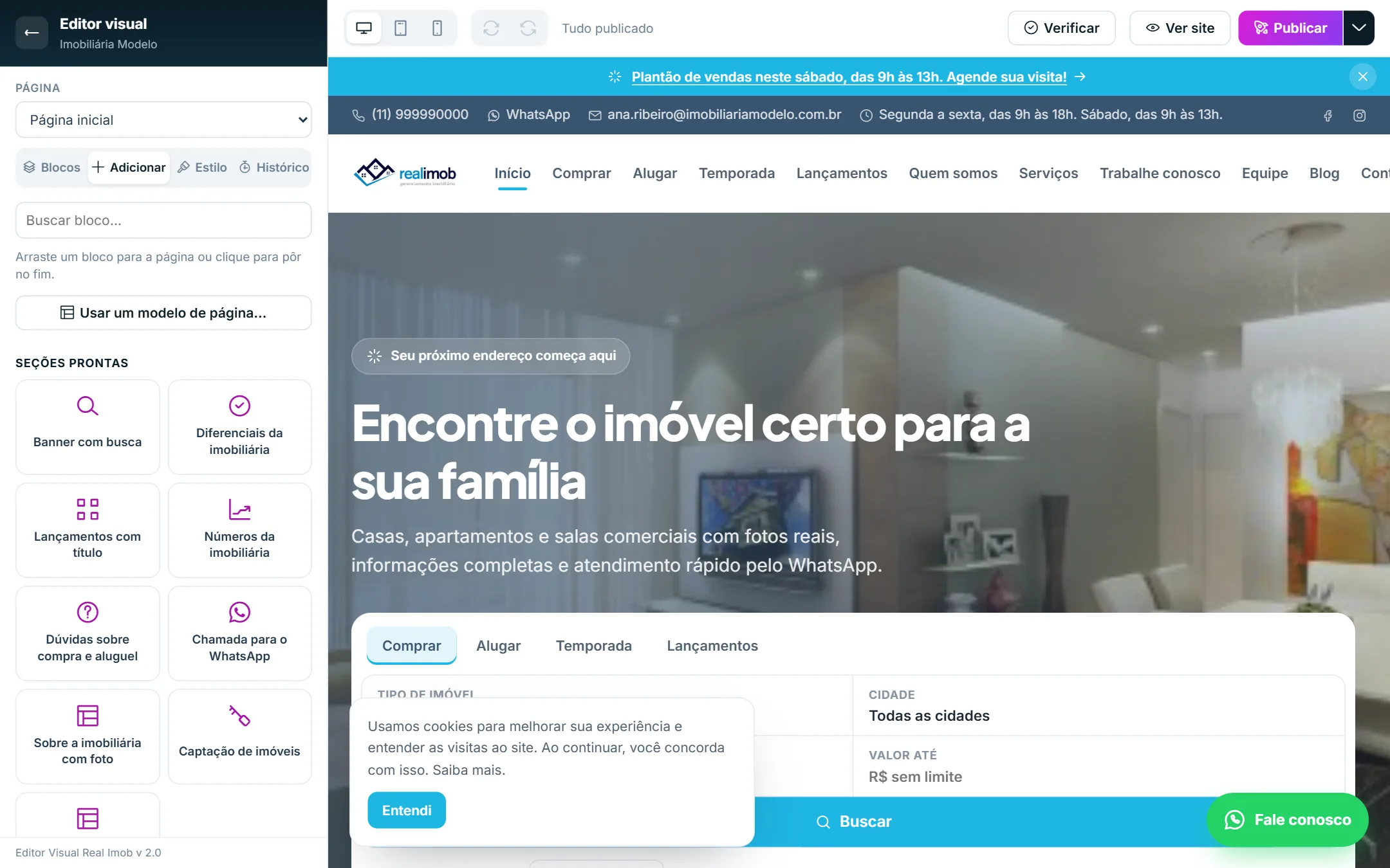 Editor visual: barra lateral e prévia do site