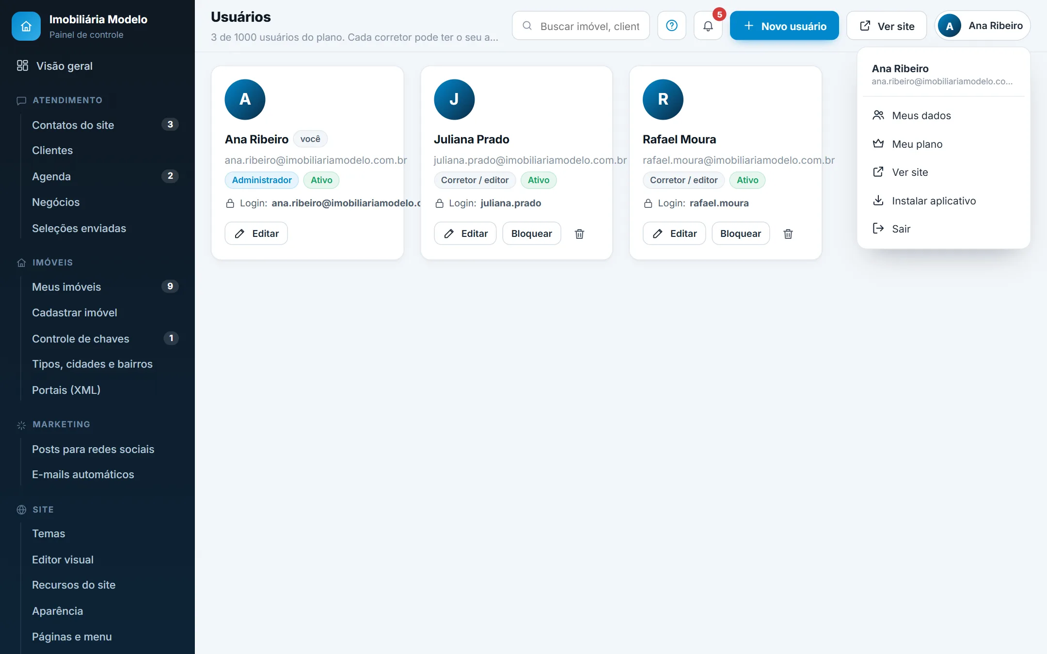 Menu do perfil com a opção Sair