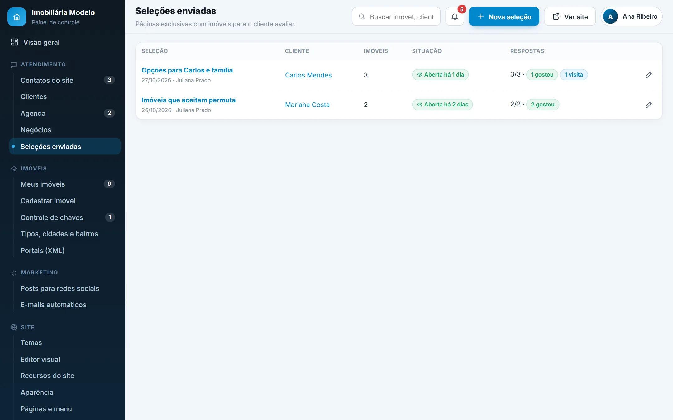 Seleções enviadas e respostas