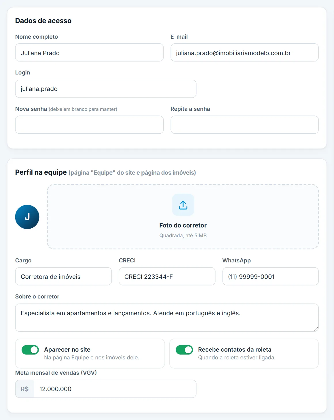 Perfil do corretor: foto, cargo e aparecer no site