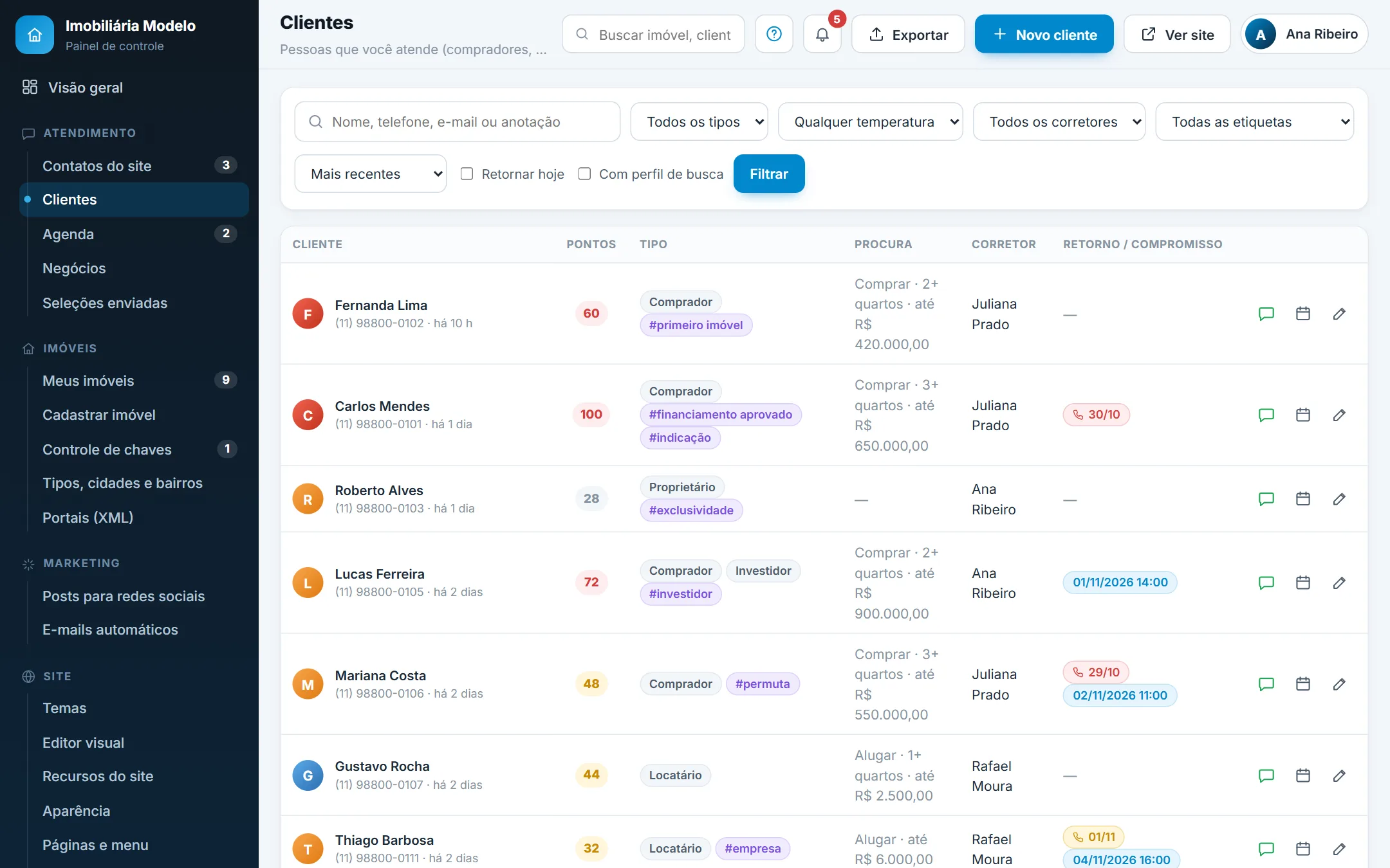 Filtros de etiqueta e retorno na lista