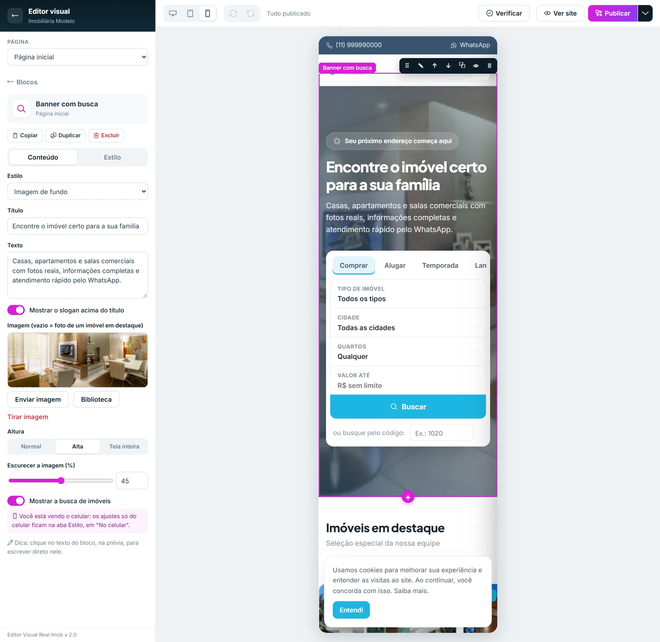 Editor em modo celular com a dica sobre os ajustes do celular