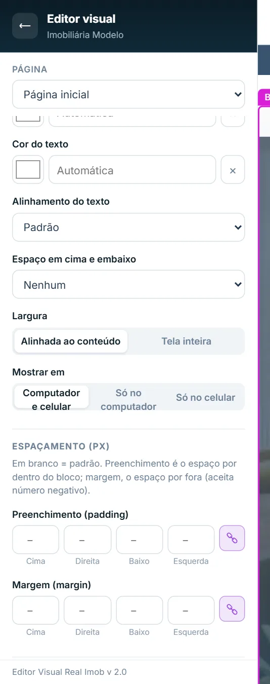 Campo Mostrar em e espaço do computador para comparar