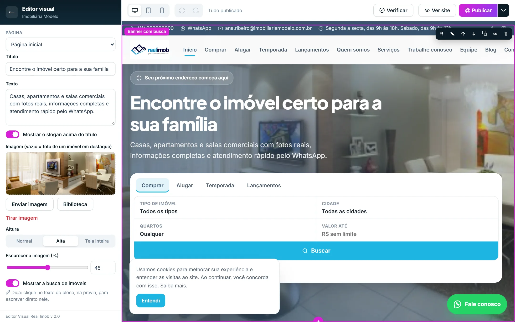 Opções do Banner com busca: campo de imagem com Enviar imagem e Biblioteca