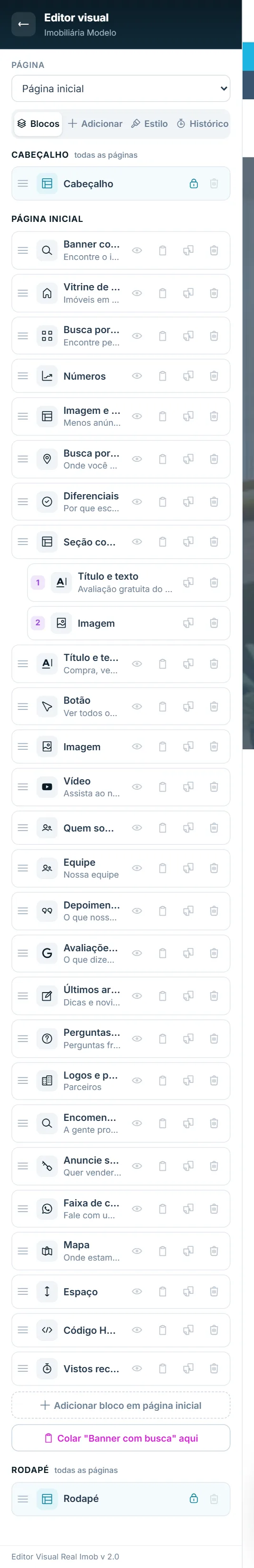 Aba Blocos com cabeçalho, página e rodapé