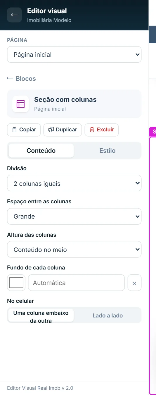 Opções da Seção com colunas