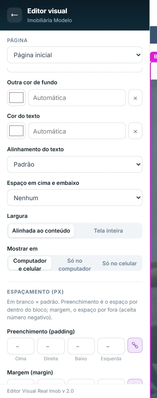 Aba Estilo com Alinhamento do texto e Largura