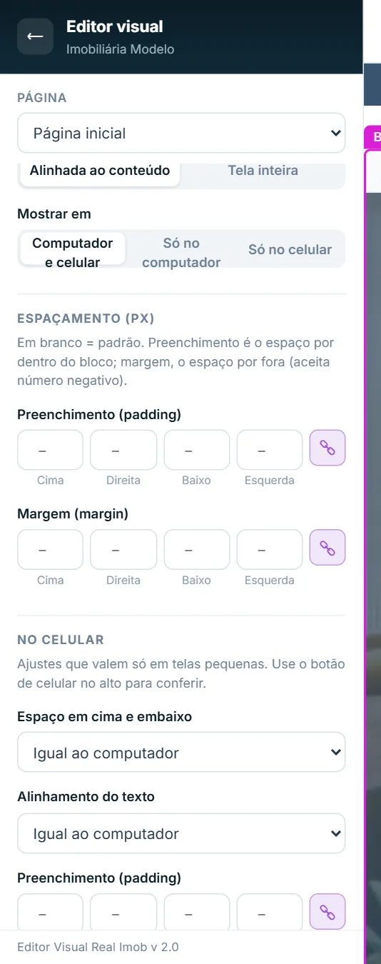 Grupo Espaçamento (px): preenchimento e margem
